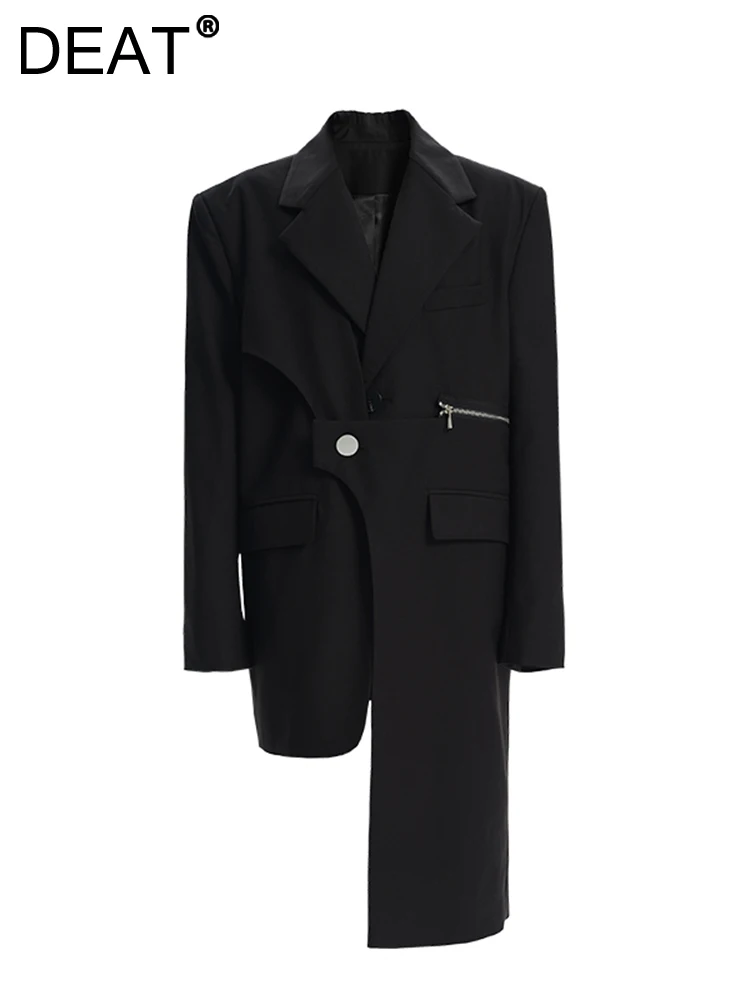 

DEAT Fashion Women's Blazer Spliced Loose Single Button Zipper Long Sleeve Irregular Black Suit Jackets Autumn 2023 New 17A45620