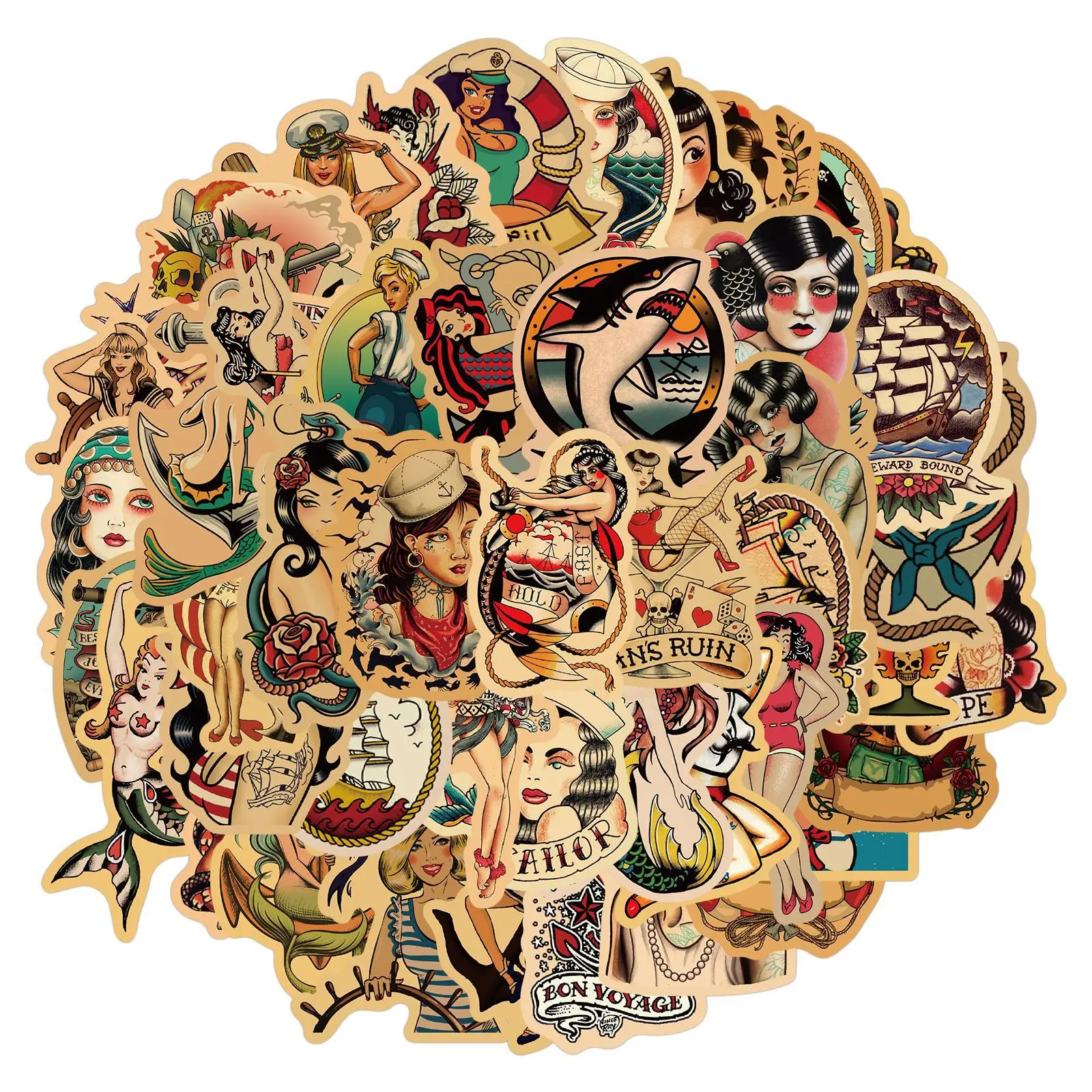 

10/30/50Pcs Retro Girl Tattoo Style Beauty Stickers Decals DIY Guitar Laptop Skateboard Fridge Phone Waterproof Sticker Kids Toy