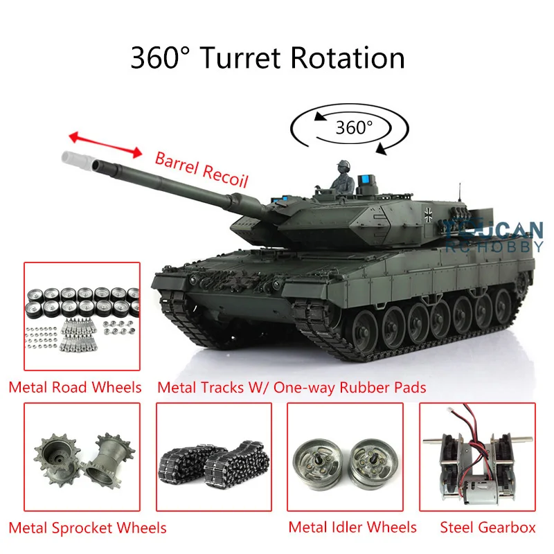

Henglong 7.0 Pro Ver Leopard2A6 1/16 RC Tank 3889 Barrel Recoil Metal Wheels Track Infrared Battle Smoke Effect TH17616-SMT7
