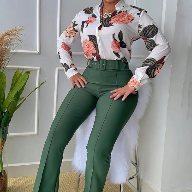 

Женский комплект из двух предметов для фитнеса, рубашка с длинным рукавом и цветочным принтом на пуговицах и брюки-ботинки, весна-осень