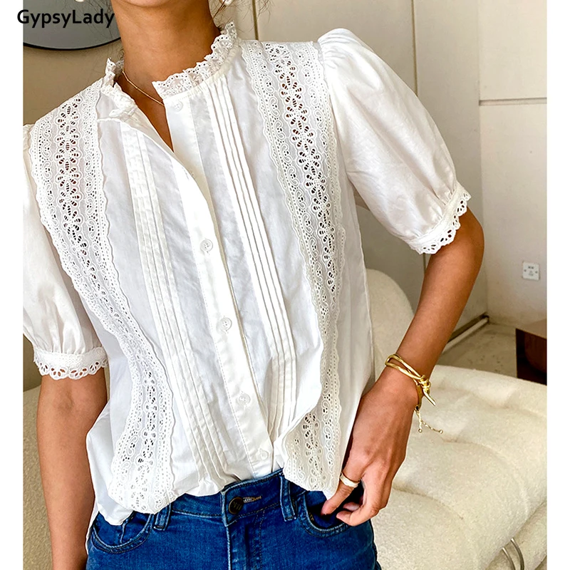 

GypsyLady White Lace Blouse Shirt 100% Cotton Eyelet Lace Summer Puff Sleeve Ruffles Sheer Blouse Women Ladies Chic Top Shirt