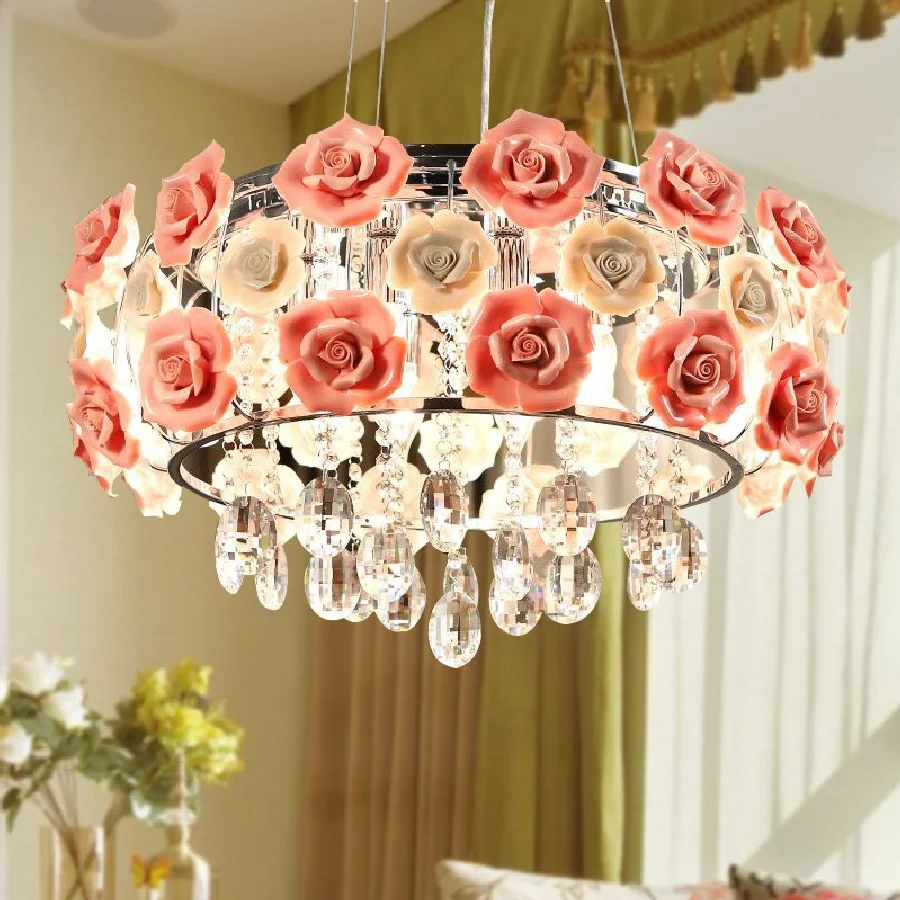 

Modern Led Crystal Chandelier Lighting Ceramics Rose Flower Style Chandeliers Ceiling For Living Room Bedroom With E14 Led Bulbs