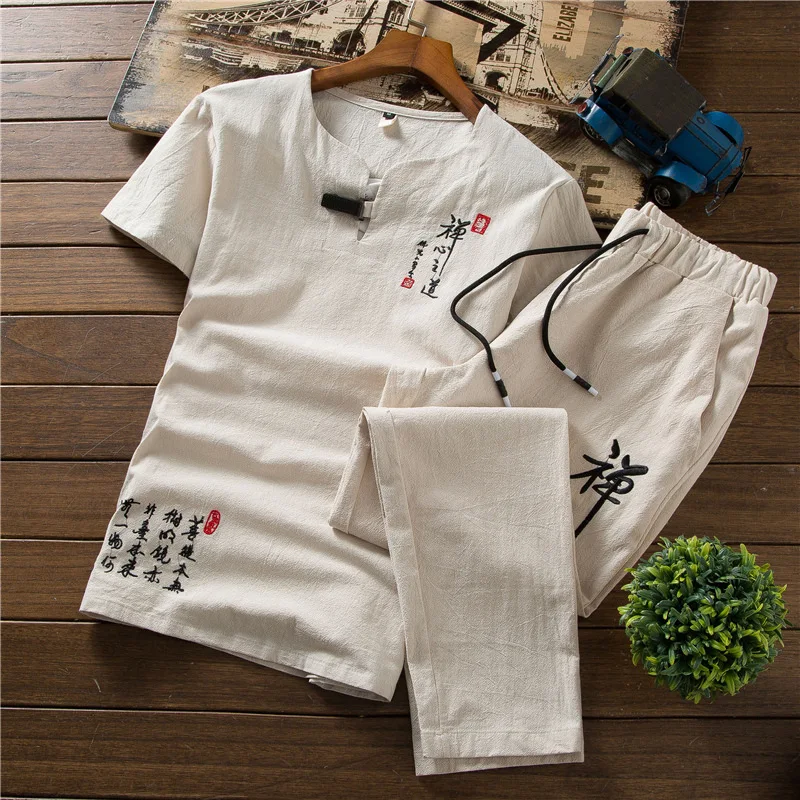 Retro Chinese Style Zen Tea Shirts Pants Kung Fu Uniform  Medieval Viking Fashion Casual T-shirt Trousers Tang Suit Men Sets