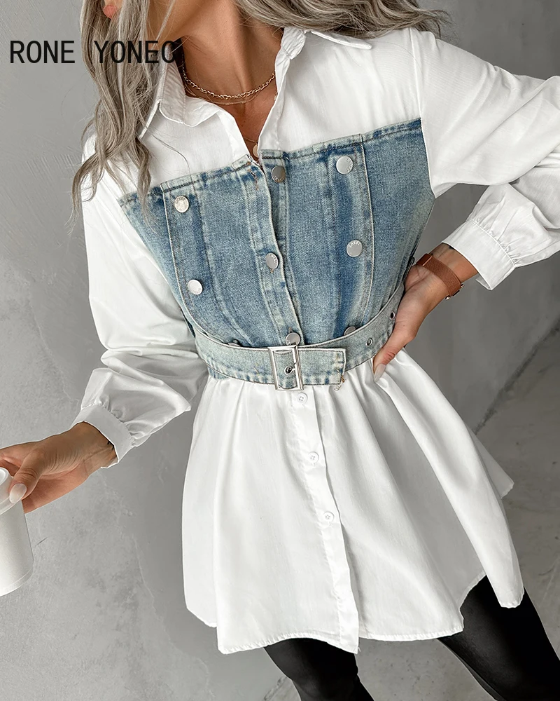 

Women Shirt Denim Patchwork Turn Down Neck with Belts Women Blouse Tops