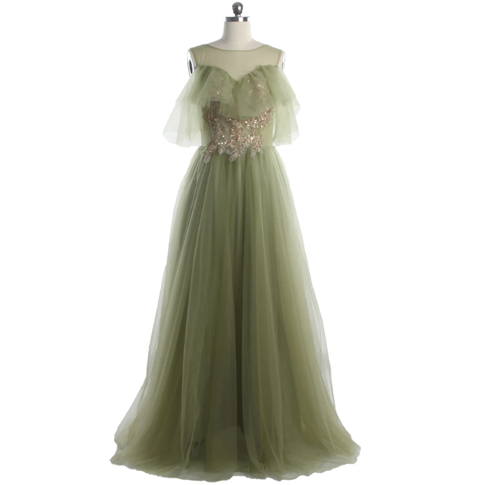 

Evening Dresses Green Tulle illusion O-neck Ruffles Short Sleeves Appliques A-line Pleat Floor Length Plus size Party Dress R019