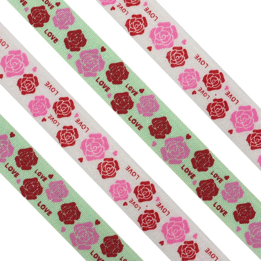 

5/8" 15MM Ink Valentine's Day Rose Printed Fold Over Elastic FOE Ribbon For Valentine's Day Gift Packaging