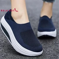 thick soled fashion fly knit large size shoe foot shake microfiber round head fly weave hollow shallow shoes for women sneakers