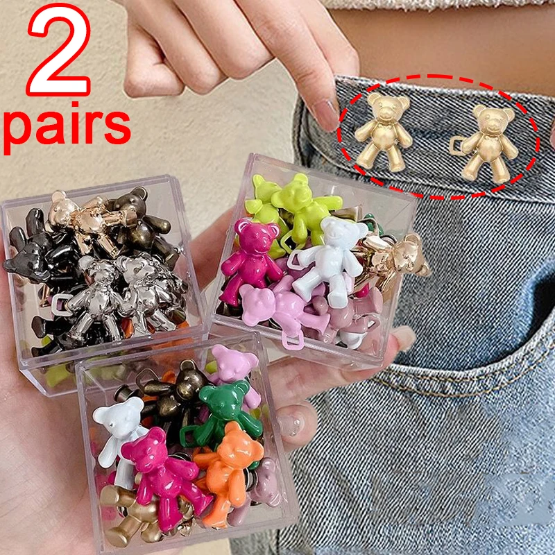 

1/2pairs Colorful Bear Buckles Women Men Adjustable Jeans Pants Pins for Loose Jean Fit Tighten Waist Closing Reduce Snap Button