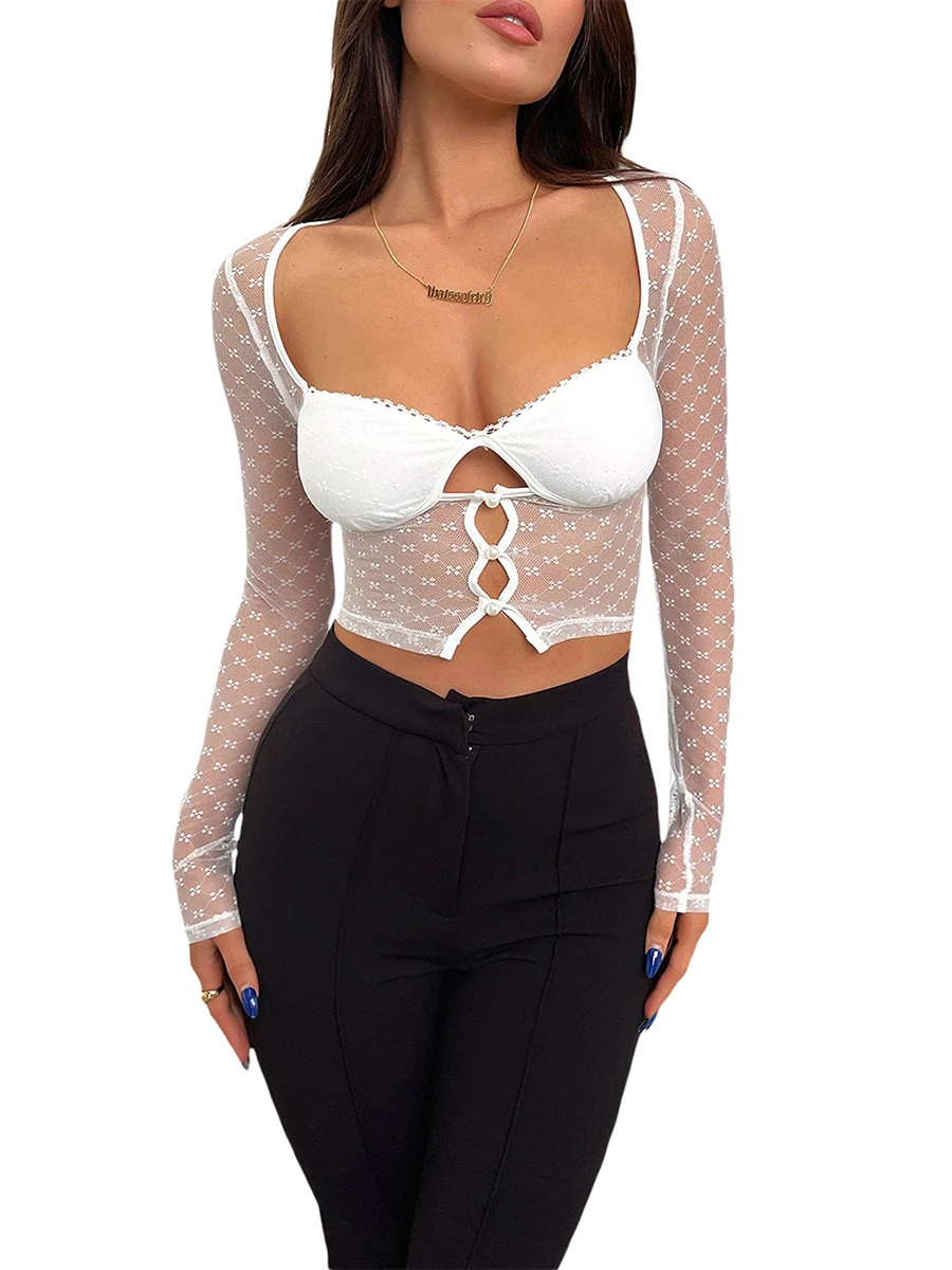 

Women s Sexy Lace Patchwork Sheer Mesh Crop Top with Long Sleeves and Low Cut Hollow Out Design - Trendy Streetwear