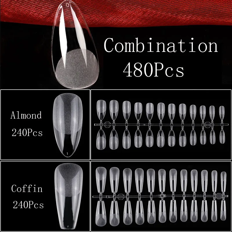 

480Pcs Gel X Nails Extension Tips Artificial Press On Nails Full Coverage Almond Coffin Fake Nails Decorations