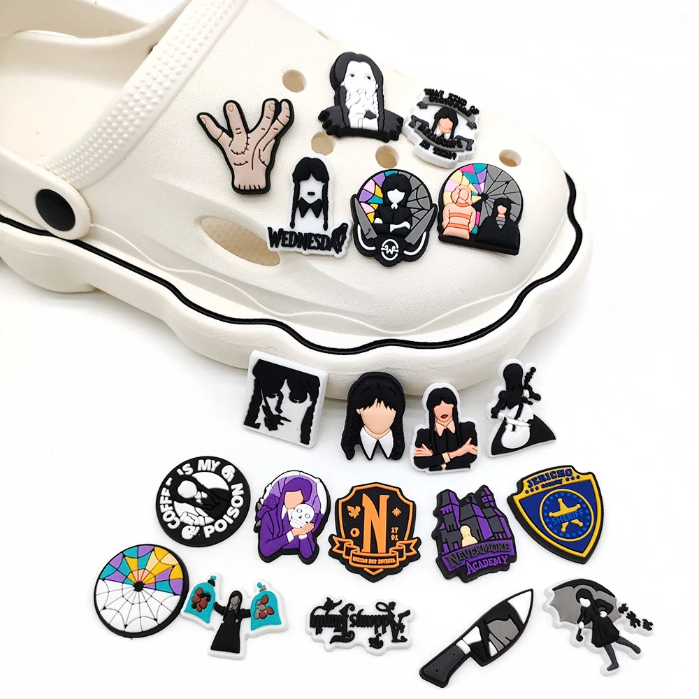 New Jibz 1pcs Fantasy American Drama Wednesday Cartoon Croc decorate PVC Garden Shoe Charms Accessories kids adults Party Gifts