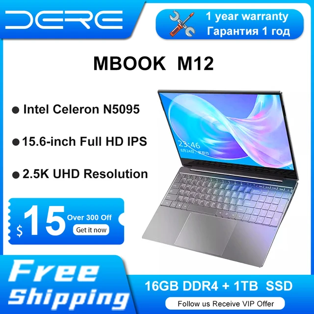 DERE laptops M12, 15.6-inch 2.5K IPS, 16GB RAM + 1TB SSD , Intel Celeron N5095, Office Learning Computer Windows 11 Notebook 1