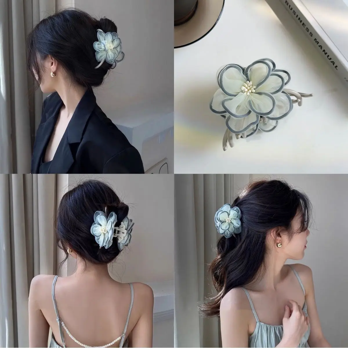 

Vintage Lace Flower Pearl Hair Claws Hairpin Headwear 2023 Korea Temperament Gauze Camellia Grip Clip for Women Hair Accessories