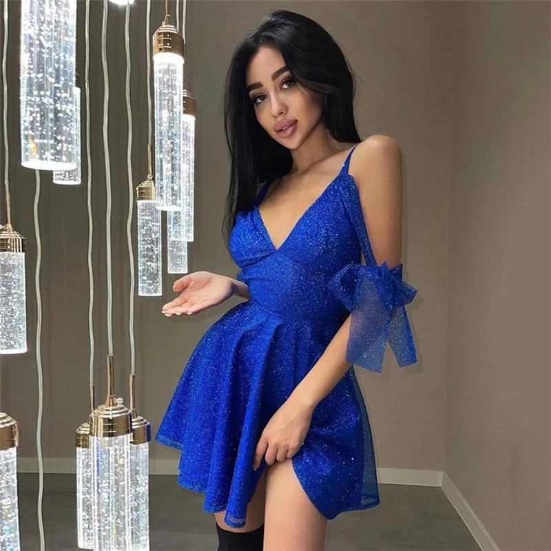 

Women Sexy Deep V-Neck Shiny Glitter Party Dress Spaghetti Strap Backless High Waist A-Line Mini Dress Cocktail Evening Vestidos