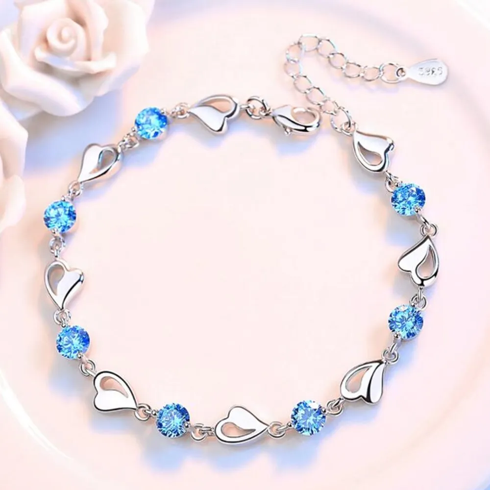 

Store 925 Sterling Silver Bracelet Jewelry High Quality Retro Heart Wedding Shaped Cubic Zirconia Length 17CM+4CM