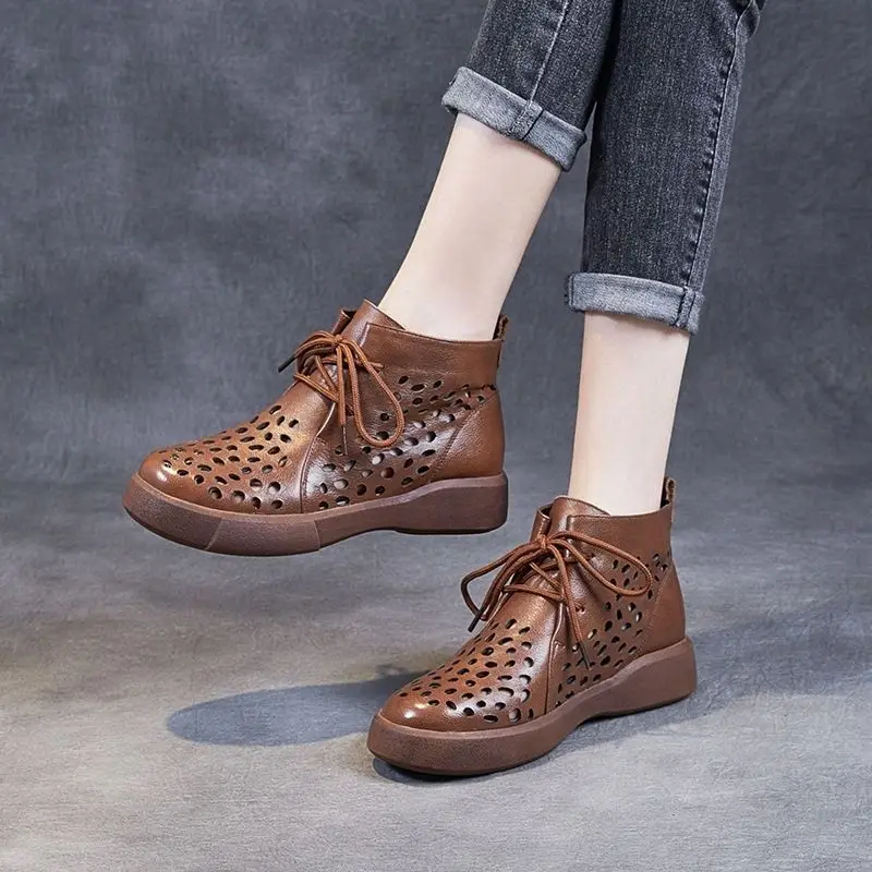 Trendy Woman's Retro Boots Casual Female Split Leather Hollow Out Shoes for 2023 women Summer Cutout Lace Up Ankle Booties
