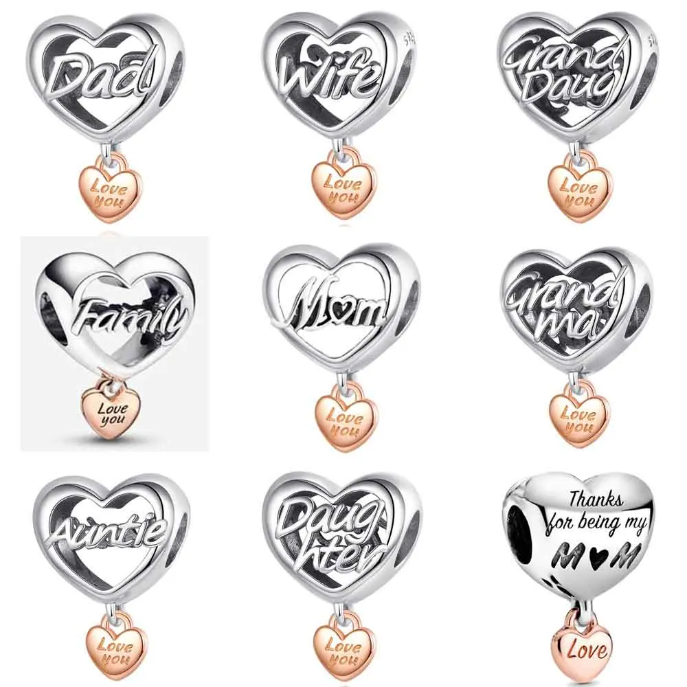 

New 925 Sterling Silver Love you Mum Dad Auntie Wife Family Dangle Charms fit Pandora Charm Bracelet Family Love Jewelry Gift