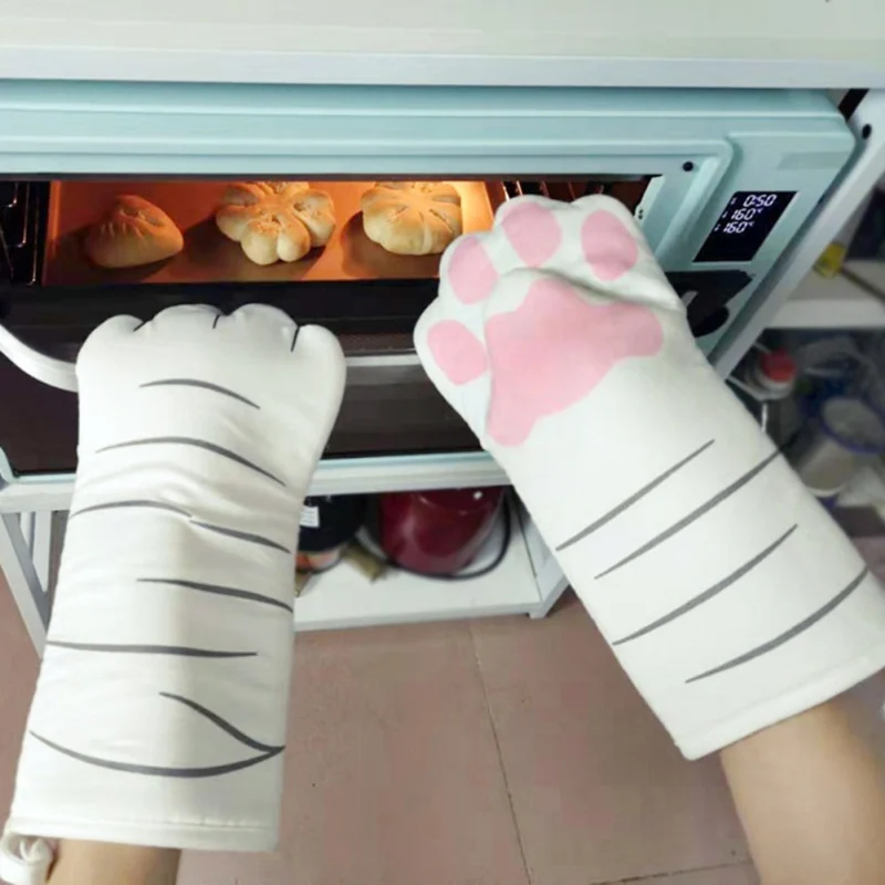1Pair Microwave Heat Resistant Non-slip Gloves Animal Design Cute Cartoon Cat Paws Oven Mitts Long Cotton Baking Insulation