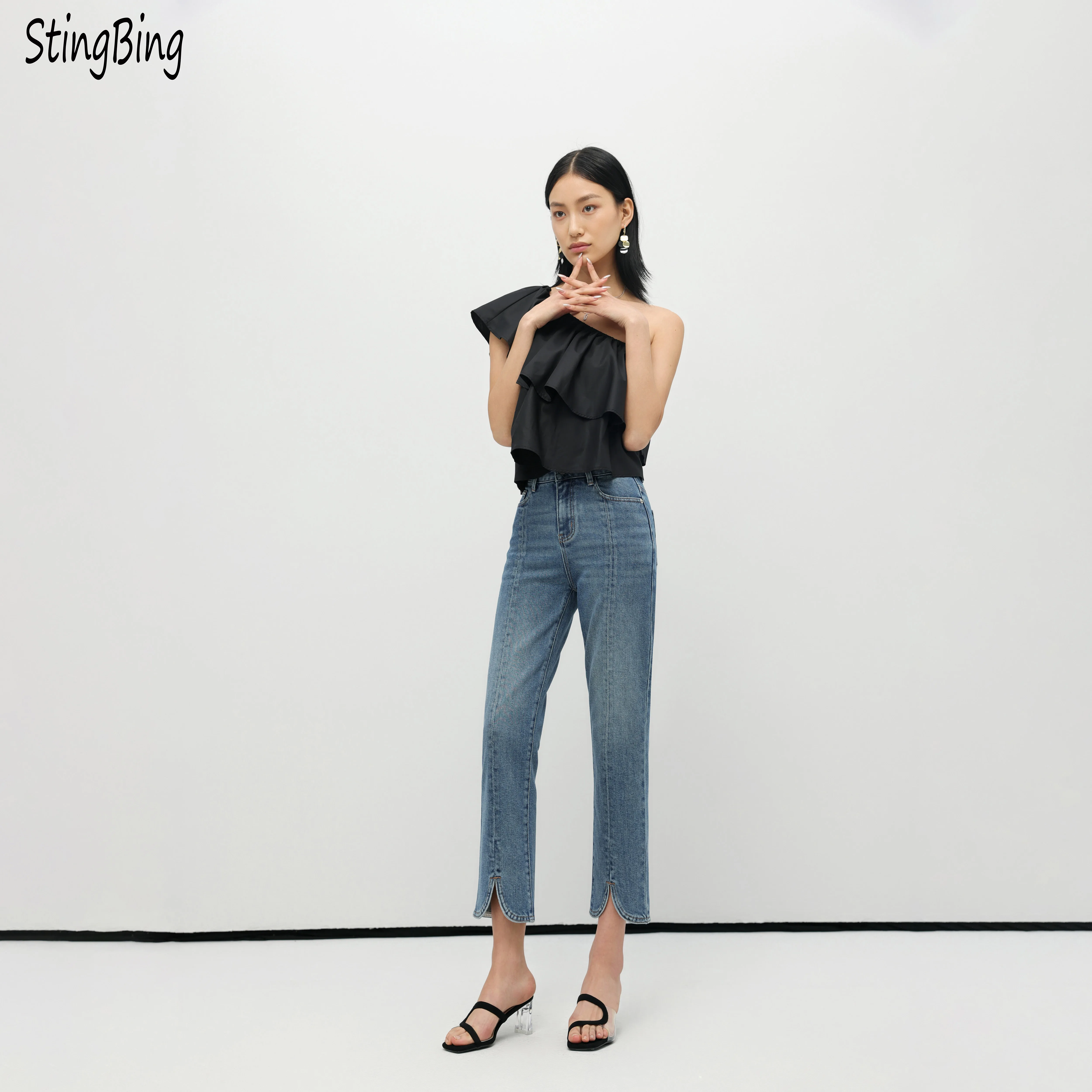 

StingBing Женская Высококачественная хлопковая одежда прямые облегающие джинсовые брюки с высокой талией элегантный дизайн базовые джинсы повседневные шикарные женские