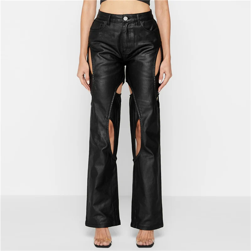 European American Spring Autumn Spice Girls Hollowed Out Straight Pants Sexy PU Leather Slimming Wide Leg Black Trousers Casual