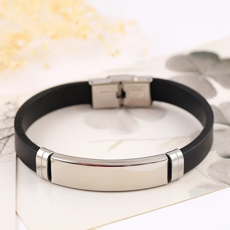 20PCS Stainless Steel Blank Silicone Bangle For Engrave  Metal ID Tags Plate To Record Bracelet Mirror Polished
