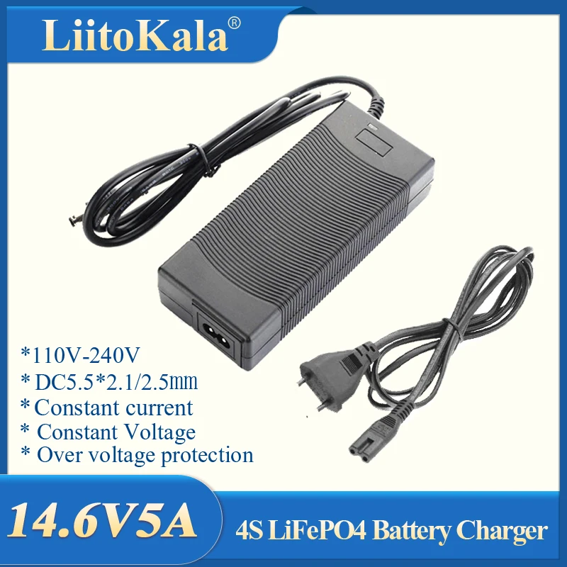 

LiitoKala 14.6V 5A Charger 4S 14.4V 12V LiFePO4 battery 14.4V LiFePO4 Battery Charger Input 100-240V Safety Stable
