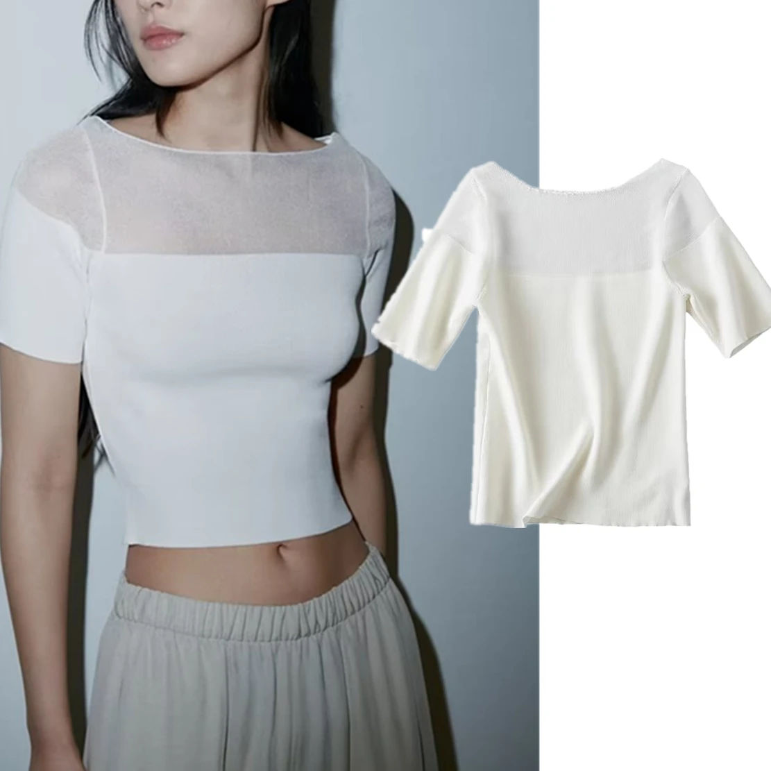 

Maxdutti Tshirts Women 2023 Summer Basic Solid Color Knitted Stitching Fashion White T-Shirt Top Ladie