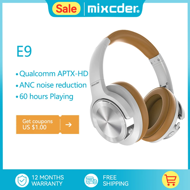 Mixcder E9 Wireless APTX-HD Headphones Active Noise Cancelling Bluetooth 5.0 Headset With 60 Hours Playing Super HiFi Deep Bass