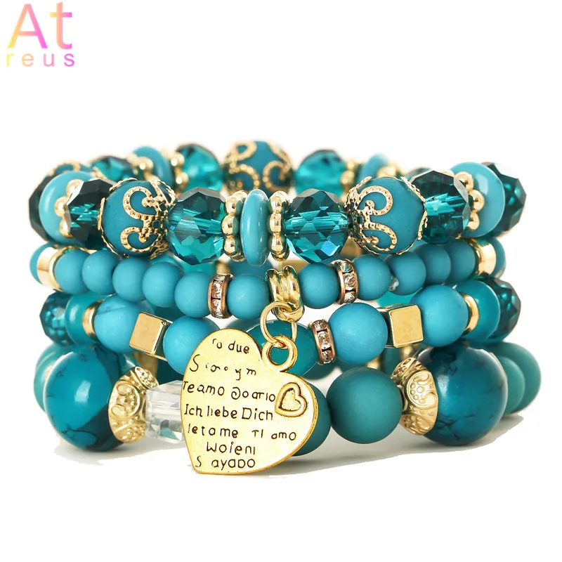 

High Quality Blue Green Imitation Stone Bracelets Facted Crystal Beads Gold Color Heart Charm Strand Bracelet Women Jewelry