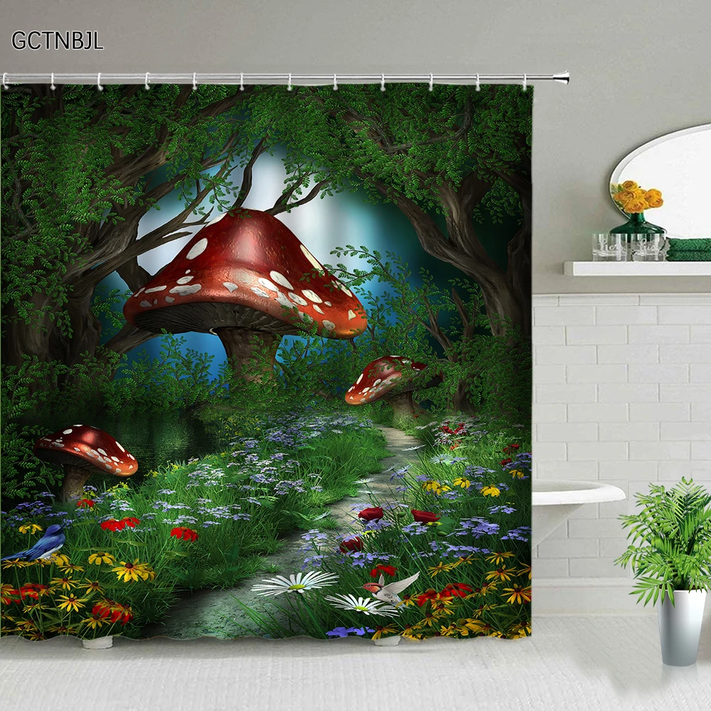 fantasy enchanted forest shower curtain set mystery fairy forest home bathroom decor mushroom flower plant hanging curtains hook free global shipping