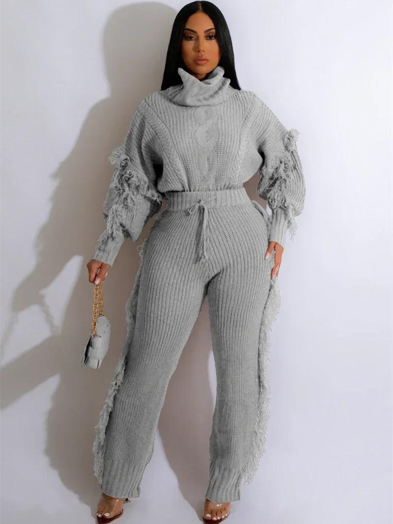 

Streetwear Knit 2 Piece Sets Women Outfit Fall Clothes Turtleneck Tassel Sweater Top and Pant Sets Tracksuit Women Two Piece Set
