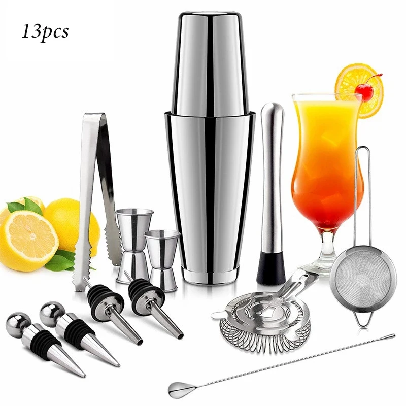 

13Pcs/Set Stainless Steel Cocktail Shaker Ice Tong Mixer Drink Boston Bartender Browser Kit Bars Set Professional Bar Tool