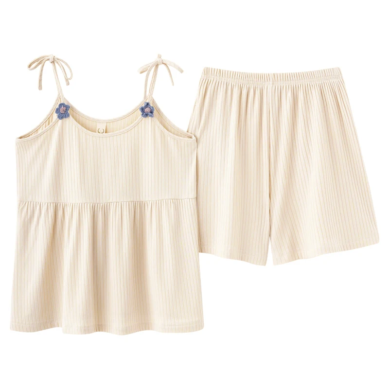 CAIYIER New 2022 Summer Girls Sleepwear Suit Cute Flower Sling Sexy Nightwear For Women Solid Leisure Pajamas Set Big Size M-4XL