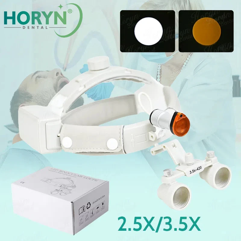Фото Horyn 2,5X/3,5X беспроводной двойной светильник с двойной батареей, бинокулярные увеличительные очки, подходящие для стоматологической хирургии полости рта №1
