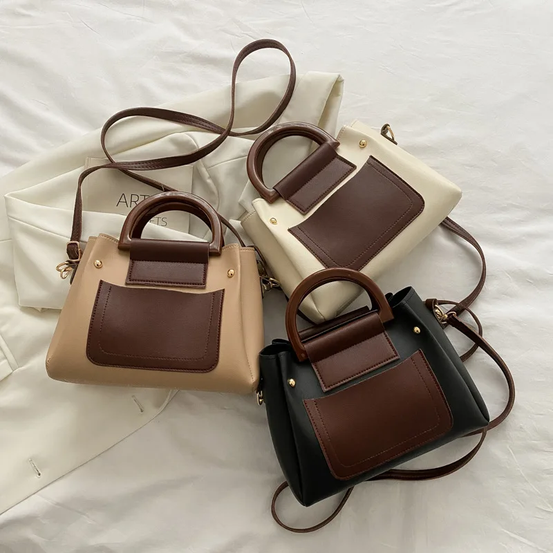 New Retro Women's Elegant Shoulder Crossbody Hand-Carrying Combination Bucket Large Capacity Contrast Color Women's Bag