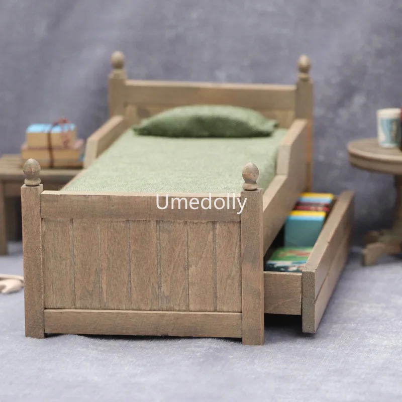 1:12 Scale Miniature Dollhouse Antique Bed with Drawer Pretend Play Bedroom Furniture for OB11 Doll Accessories Toy |