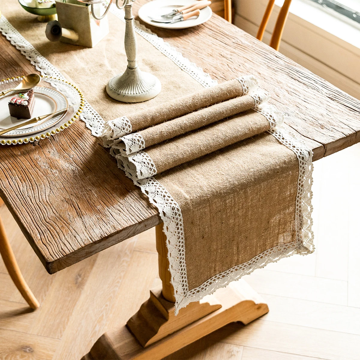 Jute Table Runner Burlap Lace Rustic Hessian Table Runner For Wedding Banquet Festival Party Catering Hotel Table Decoration