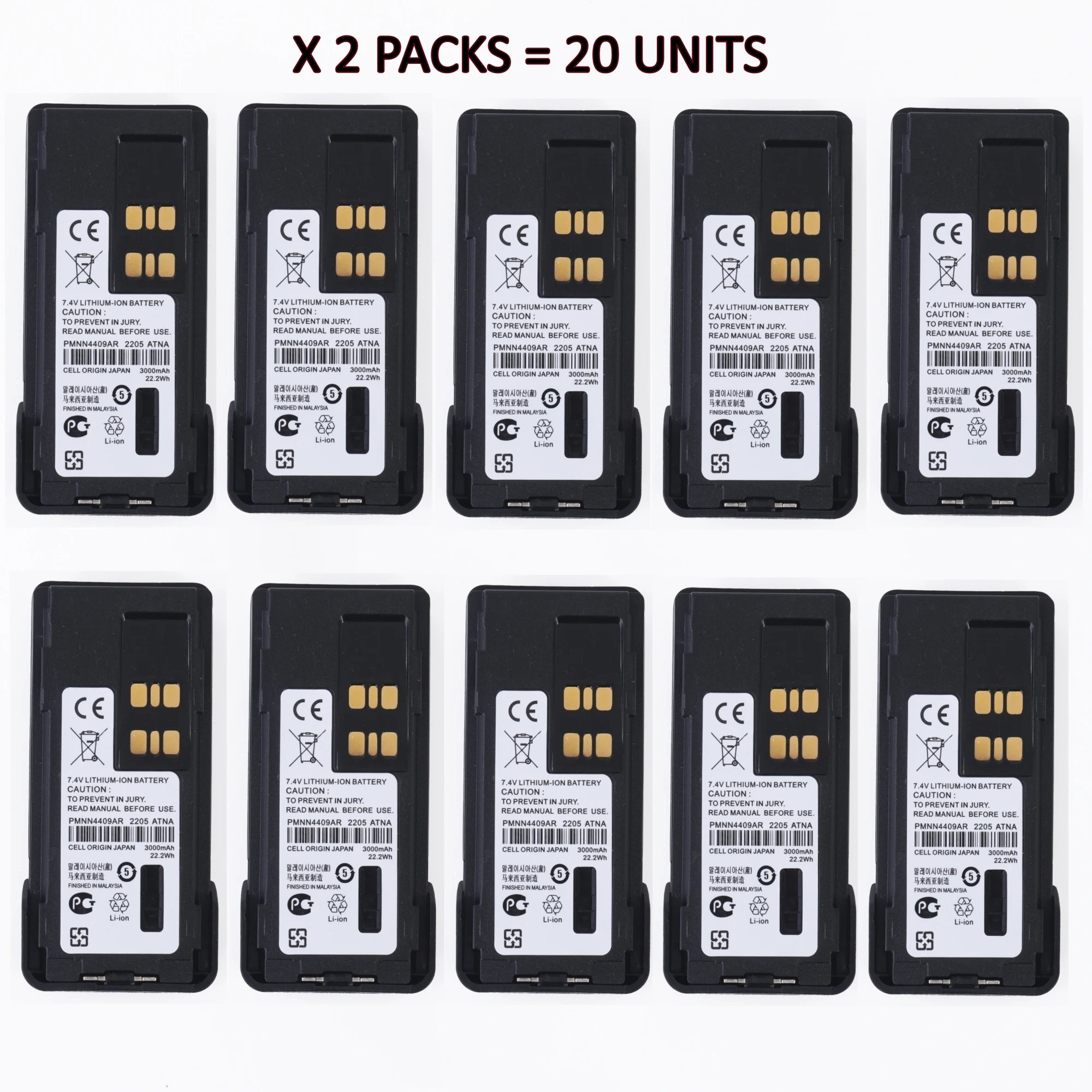 

20Pack 7.4V 3000mAh Non-Impres Lithium-Ion Battery for Motorola XiR P8668 8608 8660 8668i GP328D for PMNN4409 PMNN4448 PMNN4493