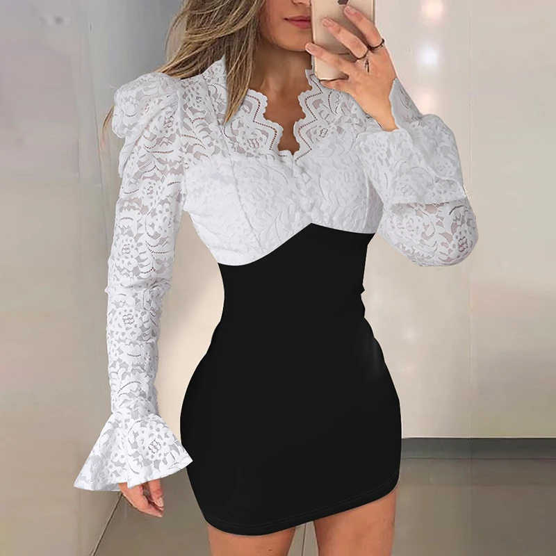 

Women V Neck Jacquard Patchwork Short Dress Elegant Contrast Color Long Sleeve Slim Dress Fashion Lace High Waist Hip Wrap Dress