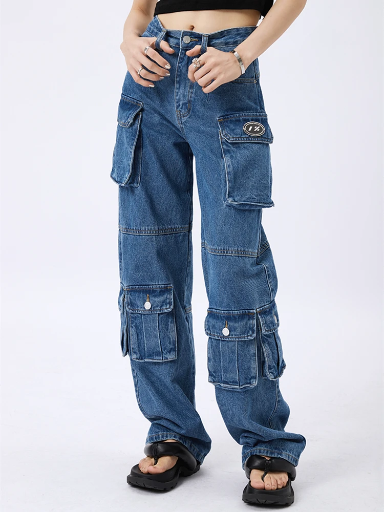 

Blue Tooling Jeans Women's Summer Thin Loose American Retro Multi-pocket Straight Wide-leg Mopping Pants Female Denim Trousers