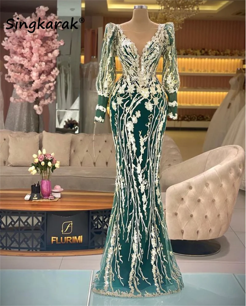 

Sparkly Dubai Mermaid Evening Dress Sheer Neck Long Sleeves Beading Sequin Arabic Wedding Party Gowns Prom Robes De Soirée