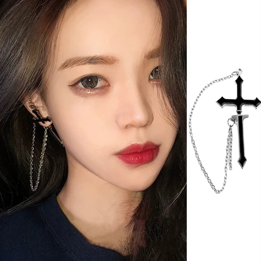 

2022 Punk Jewelry Black Oil Drop Cross Stud Earrings Women Fashion Earrings Ear Bone One Piece