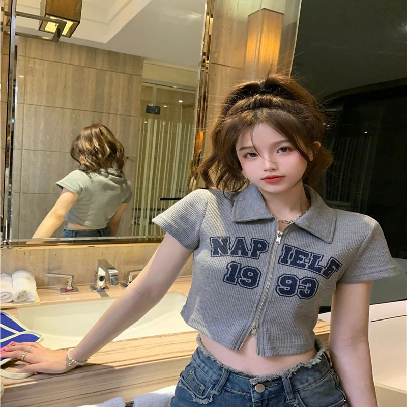 2023 POLO Short-Sleeved Women Waffle Top Spring Summer Double Chain Head T-shirt Stretch Sweet Streetwear Casual Short Knit Tees