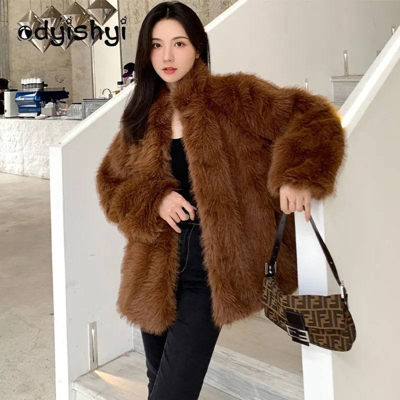 

Mid Long Parkas Autumn Winter Women Fur Jacket Warm Faux Fox Fur Coat Casual Stand Collar Overcoat Female Large Size S-4XL YD135