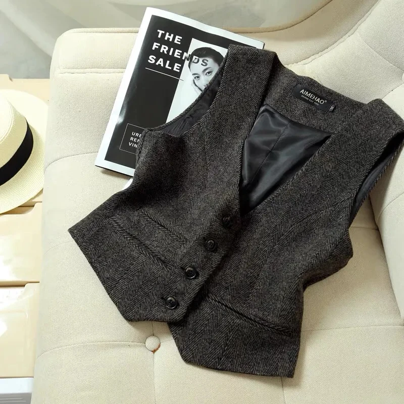 

Женский твидовый жилет в елочку, темно-серый/кофейный элегантный деловой жилет с U-образным вырезом, для офиса и работы, 2022