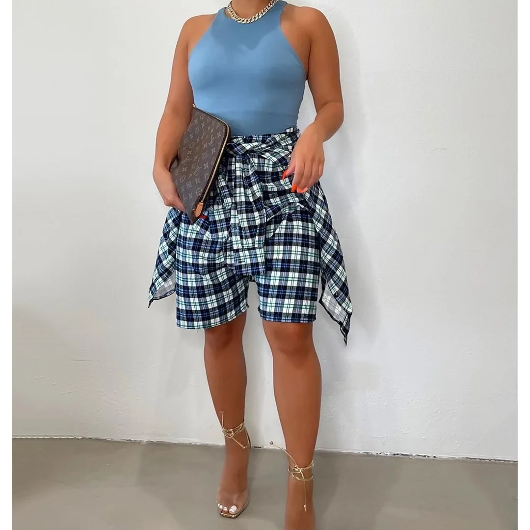 

Chocomist Bottoms Fashion Plaid Lace Up Button Fake Two Piece Women Shorts