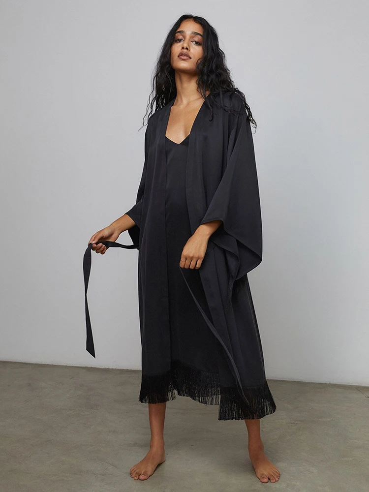 

Hiloc Tassel Black Women's Dressing Gown Sets Patchwork Satin Robes Women Low Cut Sexy Dresses Solid Slit Nightdress Spring New