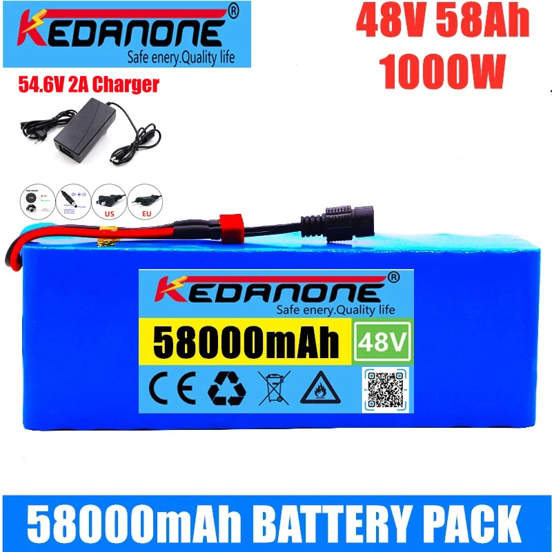 Genuine 48V Lithium Ion Battery 58Ah 1000W 13S3P Li-Ion Battery For 54.6V 58000mAh E-Bike Electric Bicycle Scooter With BMS