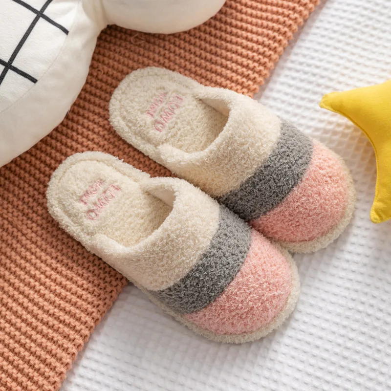 

2022 Women Cotton Slippers Winter Outdoor Wear Plush Non-Slip Couples Warm Home Indoor Cotton Shoes Floor Soft Slient Slides