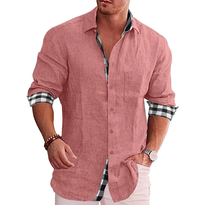 New Men's Lapel  Long-sleeved Shirt Spring and Autumn Large Size Plaid Loose and Comfortable All-match Tops